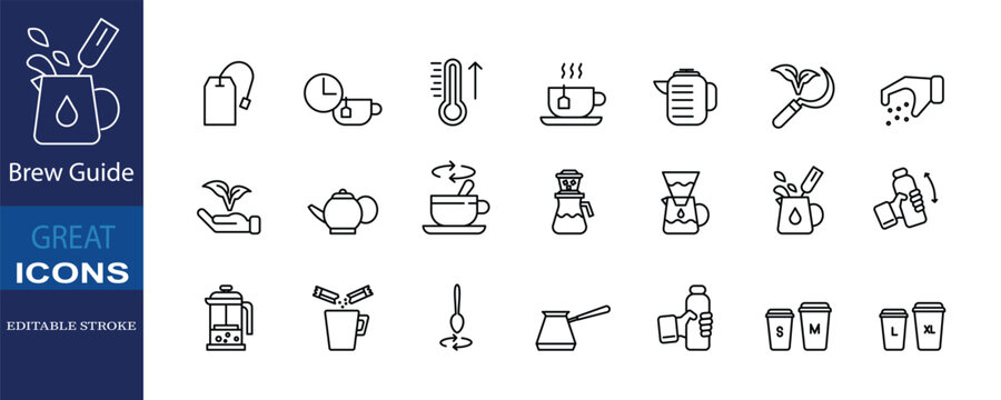 Beverage brewing guide icons showing coffee, tea, and drink-making steps.