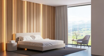 Serene Bedroom Interior with Modern Design, Wood Paneling, Natural Light and Mountain View