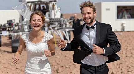 Celebratory moments shared by a happy couple in elegant attire, showcasing their joy and love in an extraordinary outdoor location