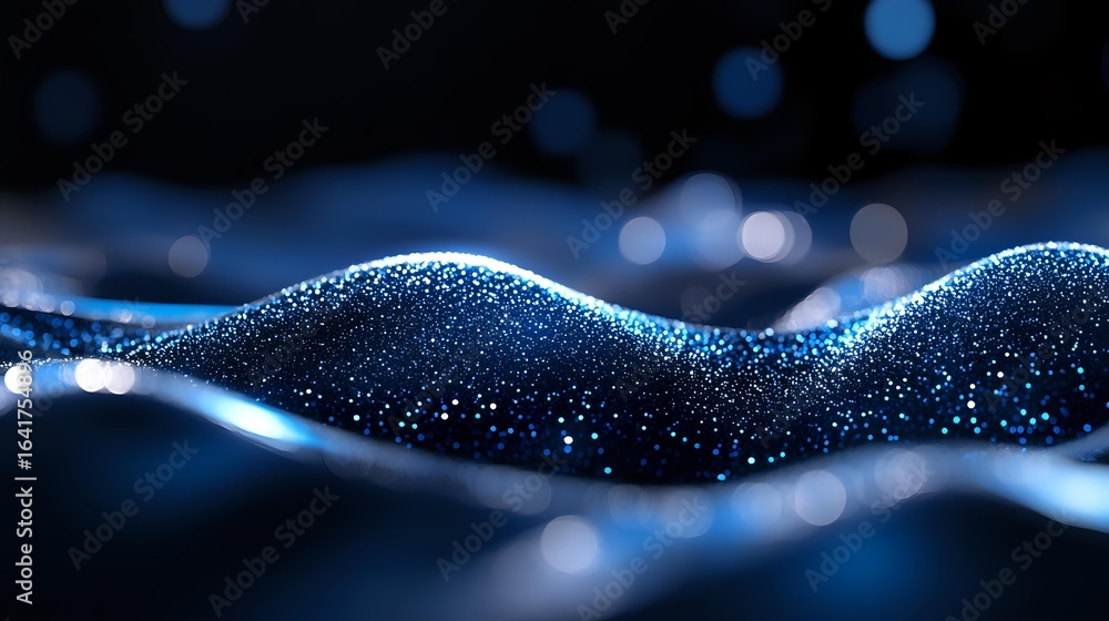 Poster glowing blue particles forming dynamic wave pattern on dark background with bokeh effect and shimmer