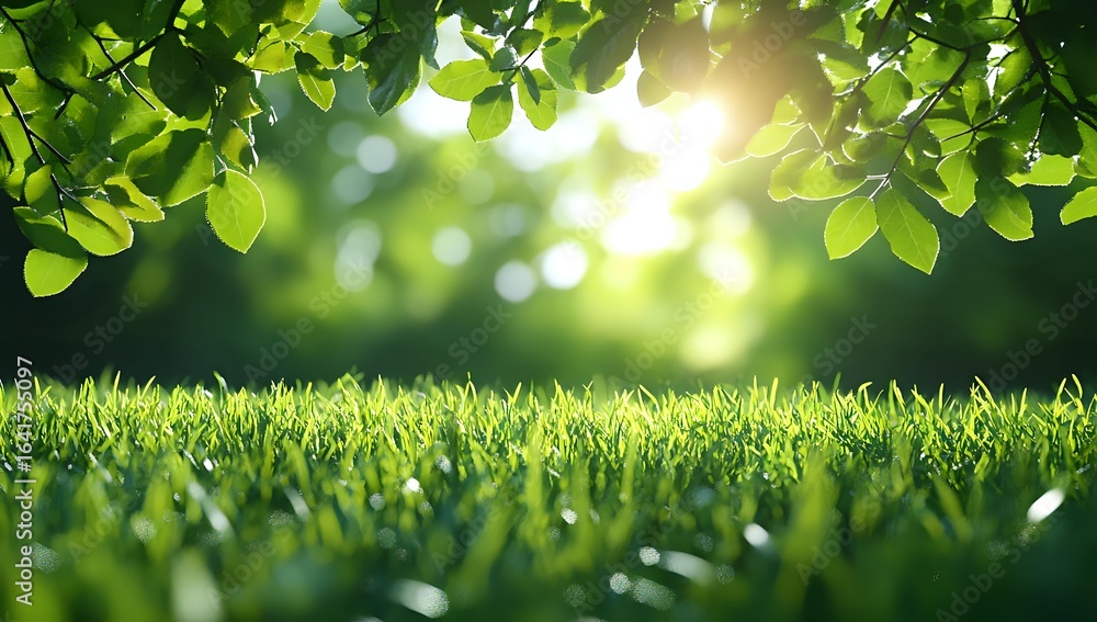 Poster fresh green grass lawn under bright sunlight filtering through spring leaves, creating natural bokeh
