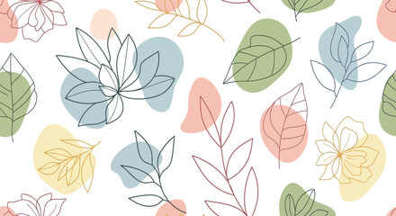 Minimalist Floral Pattern with Pastel Shapes on White Background.
