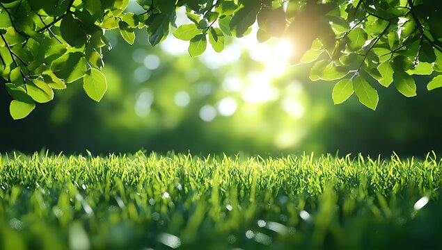 Fresh green grass lawn under bright sunlight filtering through spring leaves, creating natural bokeh background with soft focus for environmental concepts.