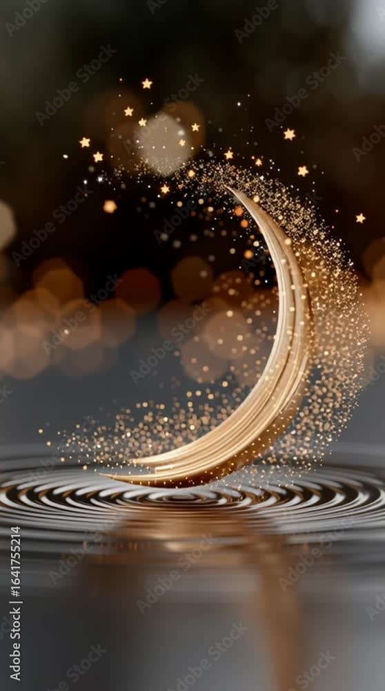 Poster a stunning golden crescent glimmers with sparkling elements above the smooth water surface, creating
