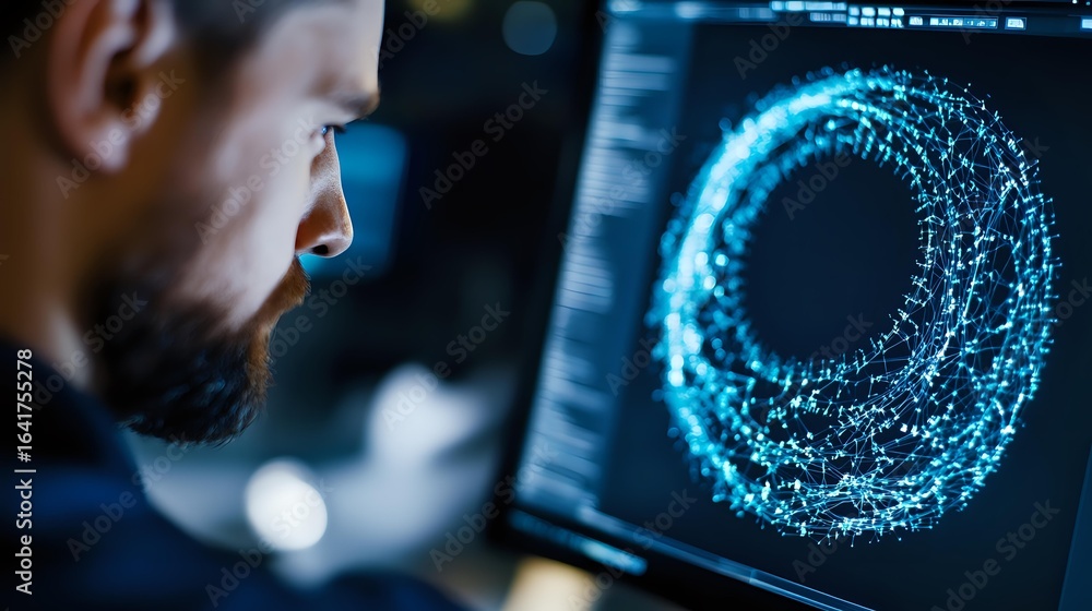 Poster caucasian male programmer analyzing glowing digital sphere visualization on computer screen in dark 