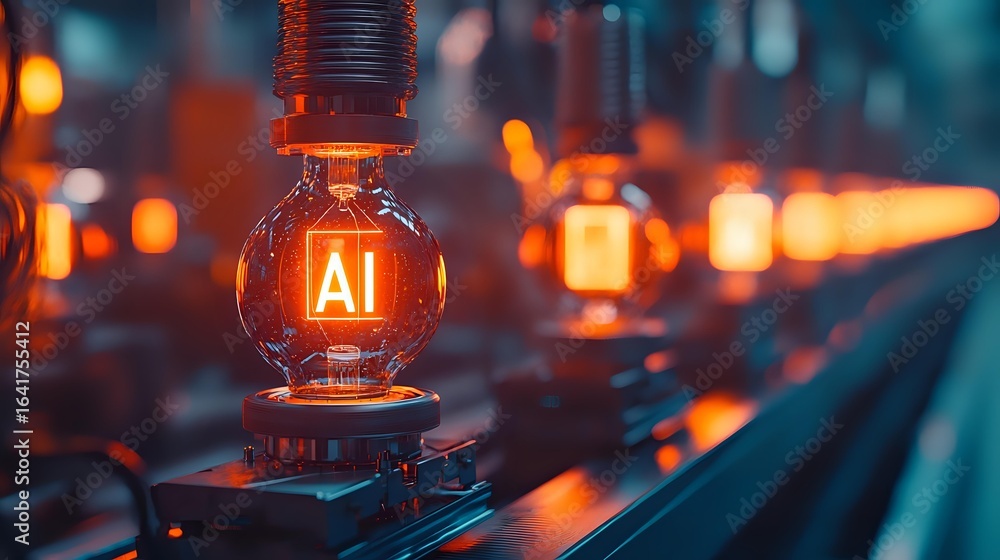 Poster glowing light bulb with ai symbol illuminated in orange against dark background with bokeh lights cr