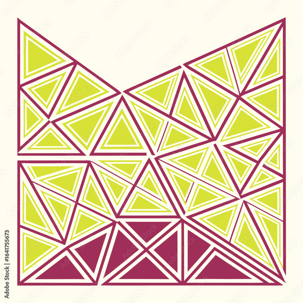 Poster geometric pattern of interconnected triangles in lime green and burgundy on cream background vector 