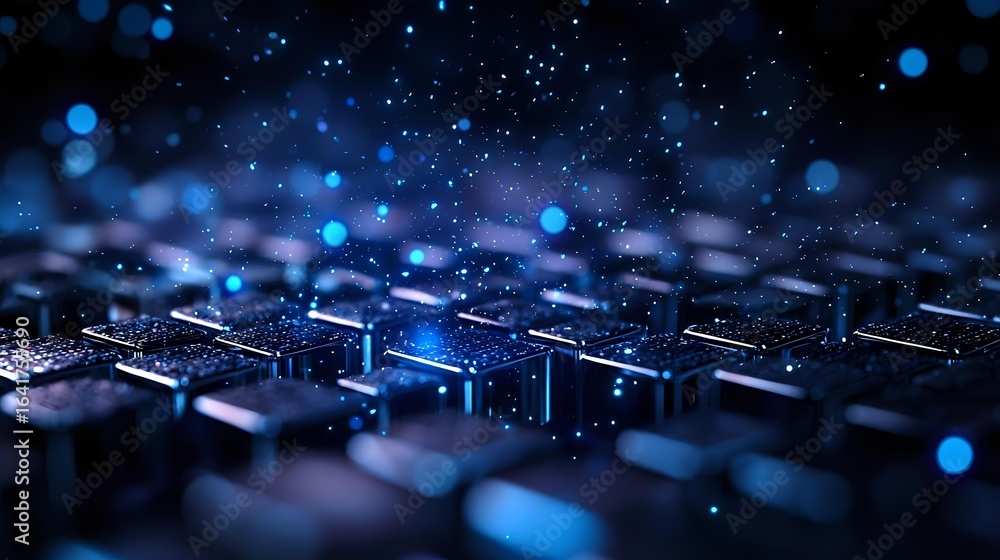 Poster computer keyboard with glowing blue bokeh lights in dark setting creates futuristic tech atmosphere,