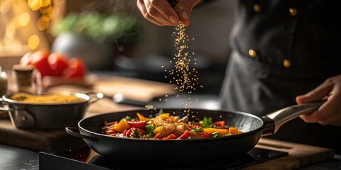 Chef adding spices to colorful vegetables cooking in a hot frying pan during food preparation