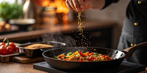 Chef adding spices to a sizzling stir fry in a wok with a warm kitchen background