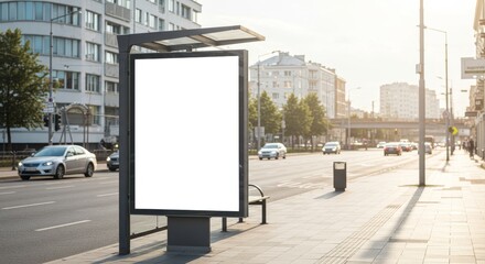 Fototapeta premium Vertical blank white billboard at bus stop on city street. In the background buildings and road. Mock up. Poster on street next to roadway.