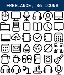 Freelance icon set with 36 linear pictograms representing work from home essentials and remote job concepts for business and web design, isolated on a white background