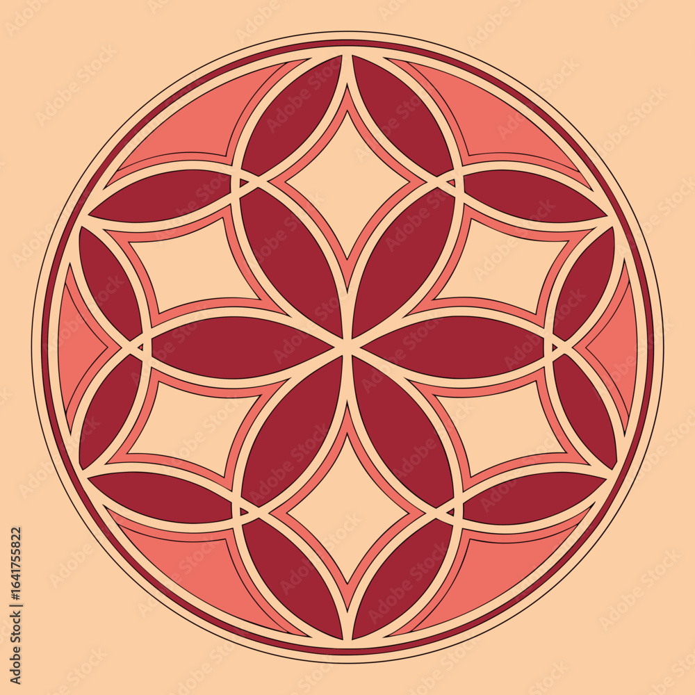 Poster geometric rose window pattern in red and peach tones abstract background