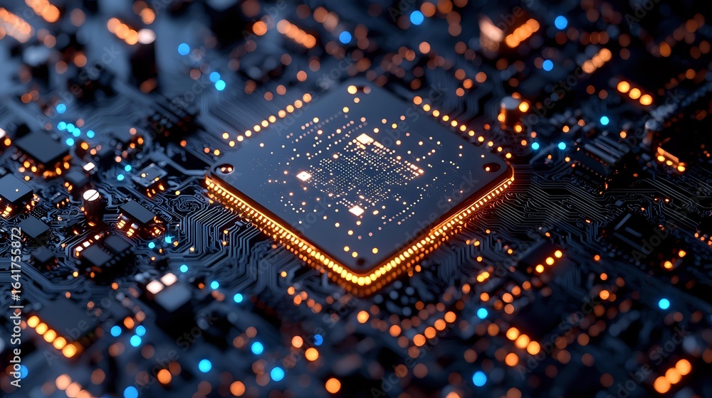 Poster glowing microprocessor on circuit board with orange and blue lights creating futuristic technology m