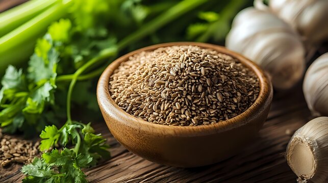 Organic cumin seeds in wooden bowl with fresh herbs, garlic and spices on rustic wooden background. Natural cooking ingredients for healthy cuisine.