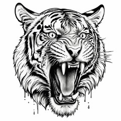 Obraz premium T-shirt print with a roaring tiger head in a monochrome tattoo style, representing wild power and aggression, isolated on a white background for a bold statement and design