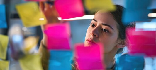 The woman organizing colorful sticky notes for creative brainstorming session.
