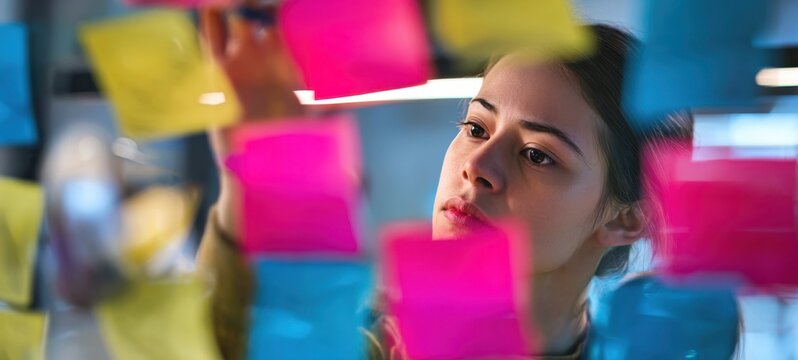 The woman organizing colorful sticky notes for creative brainstorming session.
