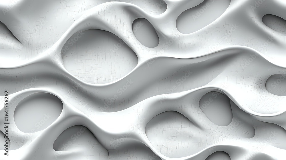 Poster abstract white wavy surface with organic flowing curves and shadows creating dynamic relief pattern.