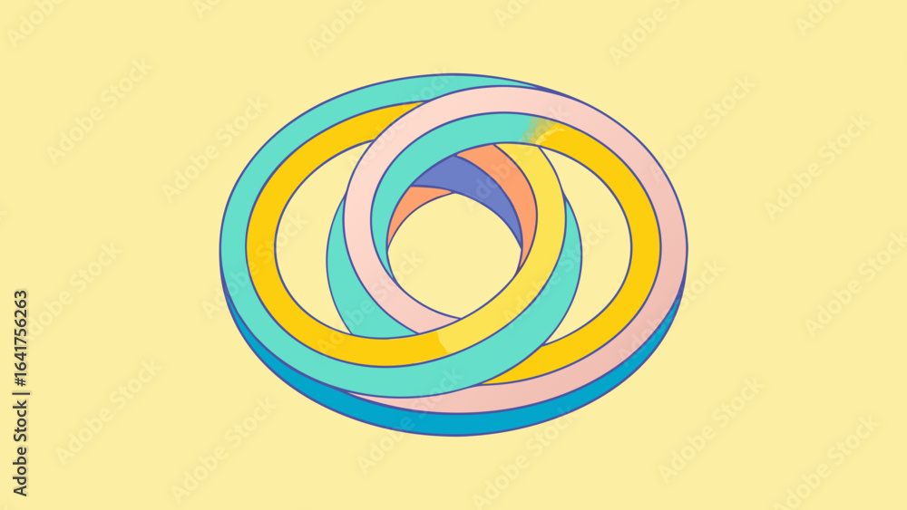 Poster interlocking rings in pastel colors creating an impossible object on a light yellow background vecto