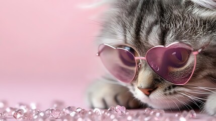 Gray tabby cat wearing heart-shaped pink sunglasses lying on pink surface with scattered heart-shaped crystals, creating romantic and playful mood for valentines designs.