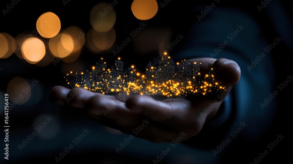Poster magical glowing golden particles floating above open palm against dark background with bokeh lights 
