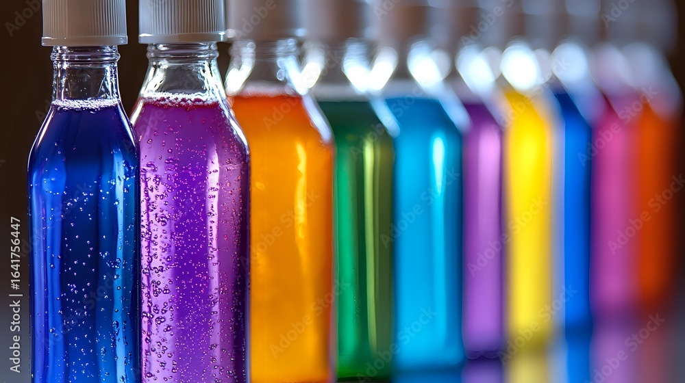 Aufkleber colorful glass bottles filled with vibrant drinks lined up in rainbow order, creating gradient effec