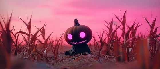 Luminous pumpkin in a pink autumnal field at sunset, perfect for seasonal decor, holiday themes, or festive art.