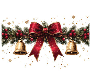 Festive Christmas wreath with red ribbon, golden bells, and pine branches decorated for the holiday season