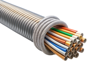 Bundle of colorful wires and cables inside a flexible protective conduit, isolated on transparent background
