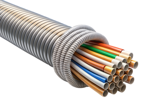 Bundle of colorful wires and cables inside a flexible protective conduit, isolated on transparent background