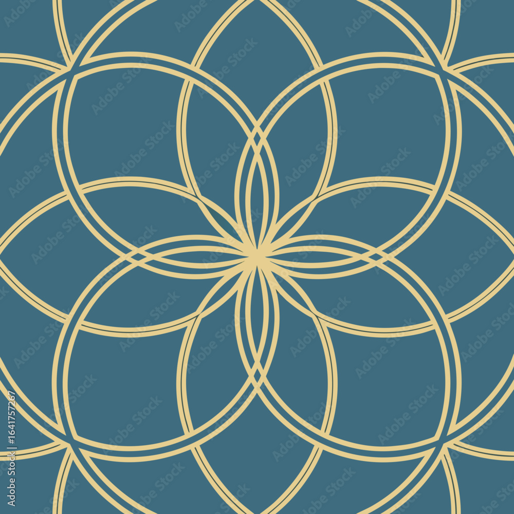 Poster repeating geometric pattern of interlocking circles in gold on a teal background vector illustration