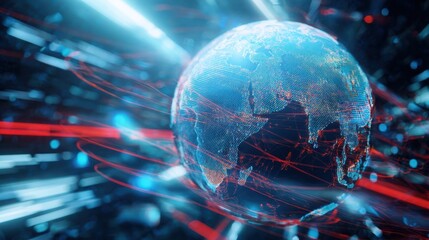 The Globe Surrounded by Dynamic Data Streams and Illuminating Lights.