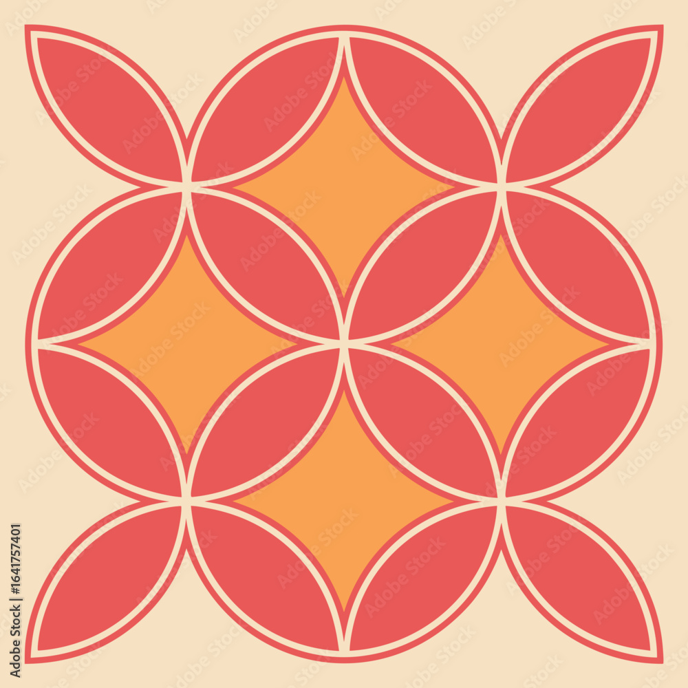 Poster retro geometric pattern of intersecting circles in coral and orange abstract