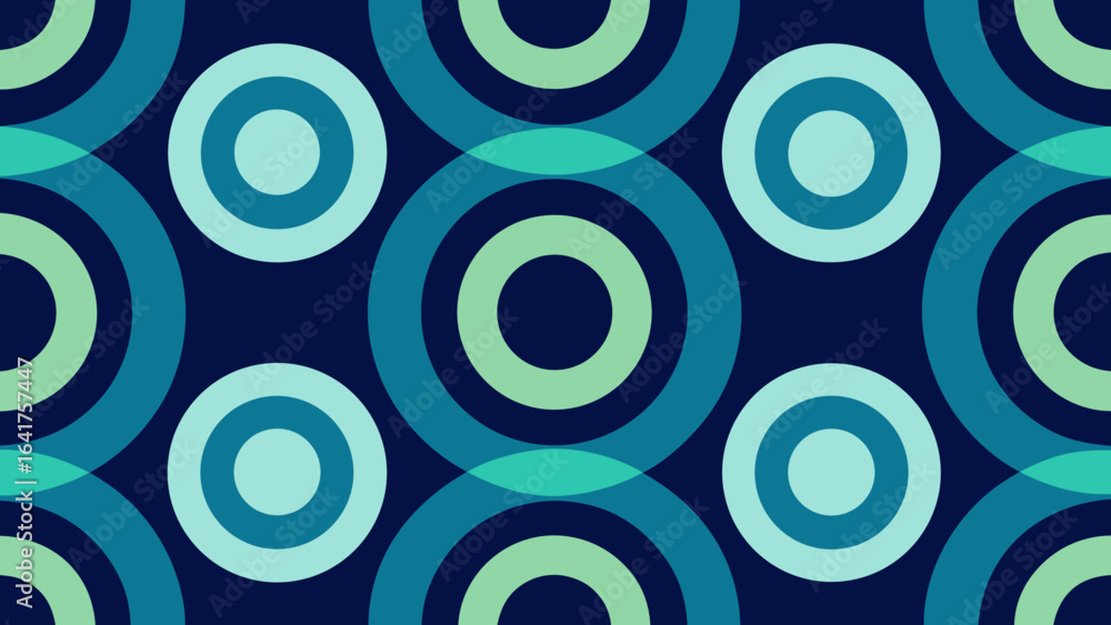 Poster retro geometric pattern of overlapping teal and blue circles on dark navy background vector illustra