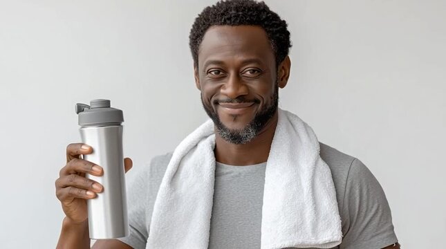Individual shares tips on staying hydrated and maintaining fitness, holding a shaker bottle and dressed for a workout