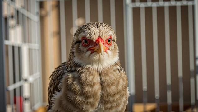 Bird in a rescue cage with focused eyes on the background of metal bars, Concept of World Animal Day  