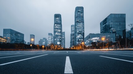 Fototapeta premium Cityscape at Dusk: Modern Urban Architecture with Empty Road Leading to Illuminated Skyscrapers
