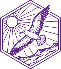 Soaring seagull above ocean waves, sun shining bright in geometric emblem for coastal branding