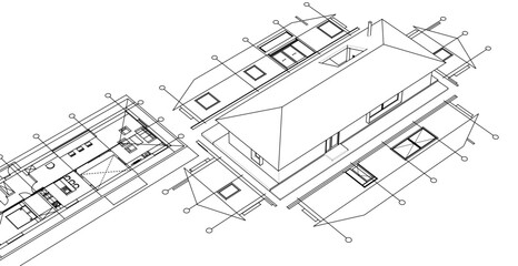 house traditional architecture plan 3d illustration	
