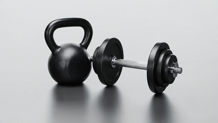 Black kettlebell stands near adjustable dumbbell
