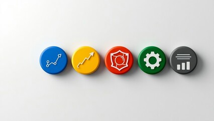 Colorful business process icons on white background showing growth and security measures in place