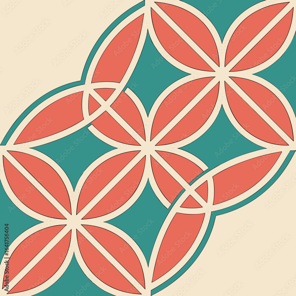 Poster teal and coral geometric pattern with intersecting petal shapes on cream background abstract