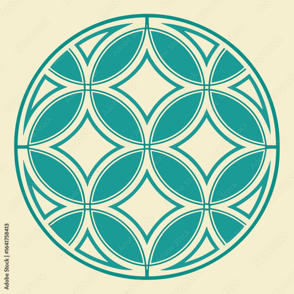 Poster teal and cream geometric circular pattern with intersecting petal shapes and diamond centers circle