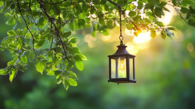 Lantern hanging from tree branch at sunset, surrounded by green leaves