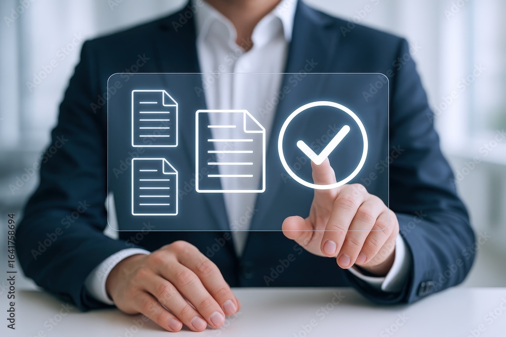 Poster businessman interacting with digital compliance interface: documents and approval confirmation, illu