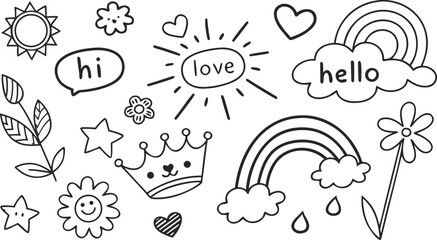cute hand drawn doodle vector set, love, Natural , firework, cloud, weather, rainbow, snow, heart. a seamless doodle vector illustration filled with cute and playful hand-drawn elements in black outli