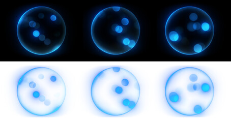 Three PNG elements on black and alpha backgrounds featuring blue spheres. Ideal for abstract designs, light effects, and modern graphics. Glowing orbs and transparent bubbles offer versatile options