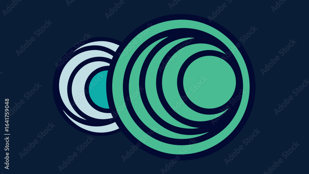 Poster two abstract circular shapes with swirling lines and contrasting colors on a dark blue background ci