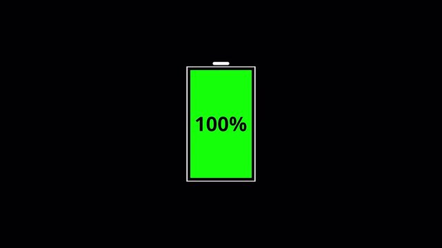 Smartphone battery charging animation from 0% to 100% transparent background alpha channel